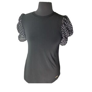 NWT Anne Klein Black Puff‎ Sleeve Top Polka Dot Blouse Womens
